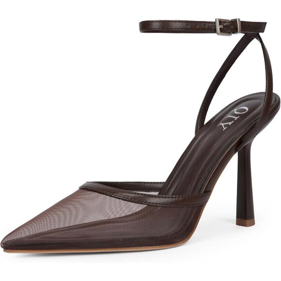 Shoes - Close Toe Ankle Strap Women Brown Heels Pointed Toe Stiletto Pumps Wedding Shoes